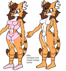  anthro bottomwear breasts brown_body brown_fur brown_hair brown_tail canadian_lynx character_name clothing eyelashes felid feline female fur gamesfan hair hi_res katy_(gamesfan) lynx mammal markings model_sheet multicolored_body multicolored_fur orange_body orange_fur orange_tail pink_clothing pink_nose purple_eyes solo tail_markings topwear two_tone_body two_tone_fur two_tone_tail white_body white_fur 