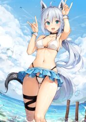  :d ahoge aircraft airplane animal_ears arm_up armpits ass_visible_through_thighs azur_lane bare_arms bare_shoulders bikini blue_skirt blush braid breasts choker cleavage cloud collarbone commentary contrail day double_fox_shadow_puppet extra_ears female fox_ears fox_girl fox_shadow_puppet fox_tail green_eyes grey_hair halterneck hand_up highleg highleg_bikini highres hololive long_hair looking_at_viewer low_ponytail medium_breasts miniskirt navel open_mouth outdoors shirakami_fubuki shirakami_fubuki_(beachside_fox) skirt sky smile solo standing stomach swimsuit sy4 tail thigh_strap thighs virtual_youtuber wading water water_drop wet white_bikini 