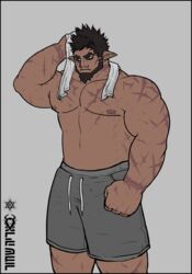  1boy abs absurdres bara beard black_sclera brusi_(iixblacklionxii) bulge colored_sclera dark-skinned_male dark_skin demon_boy facial_hair feet_out_of_frame highres iixblacklionxii large_hands large_pectorals looking_at_viewer male_focus mature_male monster_boy muscular muscular_male nipples original pectorals pointy_ears scar scar_on_arm short_hair sideburns solo standing stomach strongman_waist thick_eyebrows topless_male towel towel_around_neck yellow_eyes 