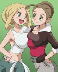  2girls alexa_(pokemon) armpits ass asymmetrical_docking bare_shoulders belt blonde_hair blush breast_press breast_squish breasts brown_hair cleavage clothed eyelashes female_only green_background green_eyes hand_on_hips human human_only large_breasts midriff navel nintendo open_mouth pants pointy_chin pokemon pokemon_xy refuto shirt short_hair sisters smile tongue viola_(pokemon) 