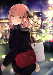  bag black_jacket black_pantyhose black_ribbon blurry blurry_background blush brown_eyes brown_hair building christmas christmas_ornaments christmas_tree commentary_request depth_of_field female fringe_trim grey_scarf hair_between_eyes hair_ornament hair_ribbon hairclip hand_fan highres jacket long_hair long_sleeves looking_at_viewer looking_to_the_side nail_polish night one_side_up original outdoors panda_hair_ornament pantyhose paper_fan parted_lips pink_nails plaid plaid_scarf ribbon sasahara_wakaba scarf shopping_bag shoulder_bag solo 