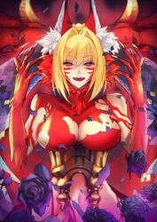  ahoge animal_ear_fluff animal_ears black_flower blonde_hair body_markings breasts claws commentary facial_mark fangs fate/grand_order fate/grand_order_arcade fate_(series) female flower fur hair_intakes hands_up highres horns kaji_zarame large_breasts looking_at_viewer medium_hair navel nero_claudius_(fate) open_mouth petals plackart queen_draco_(beast_vi/s)_(fate) queen_draco_(fate) red_eyes sharp_teeth solo teeth upper_body wolf_ears wolf_girl 