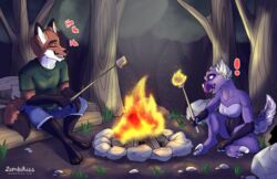  anthro campfire camping canid canine clothing dinosaur duo extinct fire firepit forest fox male mammal plant prehistoric_species reptile roasting_marshmellows scalie text tree url zombikiss 