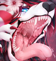  &lt;3_eyes anthro artist_name black_hair black_nose blue_eyes bodily_fluids canid claws fangs female fur hair heart hi_res mammal mouth_shot open_mouth red_claws red_hair saliva saliva_on_tongue saliva_string santanahoffman sharp_teeth simple_background solo teeth uvula white_body white_fur 