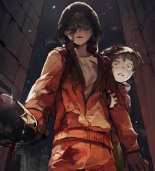  1boy animification blood blood_on_face blue_eyes bottle broken_bottle brother_and_sister brown_hair brown_jacket collarbone female grabbing_another&#039;s_arm highres holding holding_bottle hood hood_up jacket karen_mccormick kenny_mccormick long_sleeves open_mouth orange_jacket orange_pants outdoors pants shirt short_hair siblings silverlilii snow south_park tears twintails 