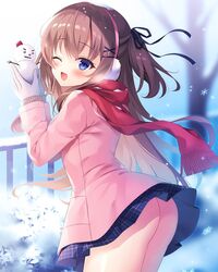  ;d ass bad_id bad_twitter_id blue_eyes blush bow brown_hair coat commentary_request earmuffs female gloves hair_ornament hairbow holding long_hair looking_at_viewer miniskirt nanohana_kohina no_panties one_eye_closed open_mouth original outdoors pink_coat scarf skirt smile snow snowman winter_clothes 