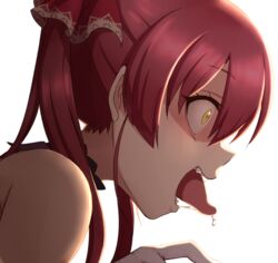  alien_(series) alien_3 constricted_pupils female hololive houshou_marine houshou_marine_(1st_costume) konboi-eg long_hair looking_to_the_side red_hair saliva sleeveless solo tongue tongue_out transparent_background twintails virtual_youtuber yellow_eyes 