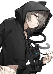  1boy abs absurdres animal_hood arknights bad_id bad_pixiv_id black_cat black_hoodie brown_eyes cat_hood christine_(arknights) commentary_request drawstring feline grey_hair highres hood hoodie long_sleeves looking_at_viewer male_focus material_growth multiple_tails nekomata oripathy_lesion_(arknights) parted_lips phantom_(arknights) shao_(shaorouhong) simple_background tail two_tails upper_body white_background 