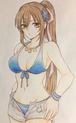  breasts brown_eyes brown_hair closed_mouth denim denim_shorts female higemaccho highres jewelry long_hair looking_at_viewer navel necklace ponytail ribbon saionji_reimi shorts simple_background solo star_(symbol) star_ocean star_ocean_anamnesis star_ocean_the_last_hope swimsuit 