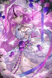  7_n bare_shoulders blue_flower blue_rose bracelet breasts cleavage closed_mouth commentary_request cowboy_shot dress female flower green_eyes hands_up highres jewelry lan_(tower_of_fantasy) long_hair looking_at_viewer pink_flower pink_hair pink_nails pink_rose purple_flower purple_rose rose smile solo thighhighs tower_of_fantasy very_long_hair white_dress white_flower white_rose white_thighhighs 