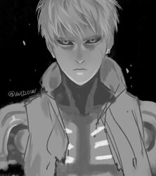  1boy black_background black_sclera colored_sclera crack cracked_skin cyborg earrings genos greyscale highres hood hoodie jewelry looking_at_viewer male_focus mechanical mechanical_arms monochrome one-punch_man robot short_hair single_mechanical_arm solo vest vvv020vvv 