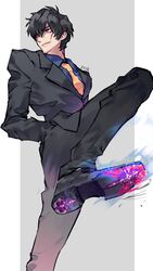  1boy artist_name black_footwear black_hair black_pants black_suit blue_shirt commentary cross firepok formal grey_background hair_over_one_eye hand_in_pocket kekkai_sensen looking_to_the_side male_focus manly necktie pants red_eyes scar shirt simple_background standing standing_on_one_leg steven_a._starphase suit symbol-only_commentary yellow_necktie 