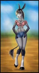  2021 asinus bottomwear breasts brushfire clothing country_girl crop_top cutoffs denim denim_bottomwear denim_clothing donkey equid equine female fur grey_body grey_fur hands_on_hips hi_res hotpants looking_at_viewer mammal midriff navel pinup pose shirt shorts signature solo topwear 