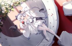  avrora_(azur_lane) avrora_(mellow_seaspray)_(azur_lane) azur_lane black_bow black_gloves blush bow braid breasts coat cup dress drinking_glass female flower gloves hairbow half_gloves high_heels highres holding holding_cup long_sleeves looking_at_viewer lying non-web_source official_alternate_costume official_art open_clothes open_coat pantyhose parted_lips petals rose rose_petals shoes smile snowflake_print twin_braids white_bow white_coat white_dress white_flower white_hair white_pantyhose white_rose white_shoes wine_glass 