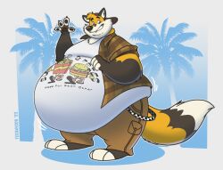  2023 anthro artist_name backwards_baseball_cap backwards_hat baseball_cap belly belly_jiggle big_belly biped brown_body brown_fur canid canine chubby_cheeks claws clothed clothing dated dipstick_tail double_chin english_text feet fingerless_(marking) fingerless_gloves_(marking) fox fur gesture gloves_(marking) grin hat headgear headwear hi_res huge_belly jiggling looking_at_viewer love_handles male mammal markings moobs motion_lines obese obese_anthro obese_male orange_body orange_fur overweight overweight_anthro overweight_male palm_tree plant print_clothing print_shirt print_topwear shirt smile solo standing tail tail_markings teeth texansoda texansoda_(character) text toeless_(marking) topwear tree waving waving_at_viewer white_body white_fur wide_hips 