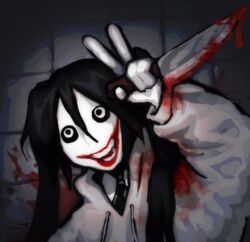  alternate_costume alternate_hair_color black_eyes black_hair blood blood_on_wall blood_on_weapon cosplay creepypasta female grey_hoodie hatsune_miku holding holding_knife hood hoodie jeff_the_killer jeff_the_killer_(cosplay) knife lobotoloid pale_skin red_lips solo twintails upper_body v vocaloid weapon 