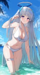  absurdly_long_hair absurdres alternate_costume arm_up bikini blue_archive blue_sky breasts cleavage closed_mouth cloud day female front-tie_bikini_top front-tie_top halo halterneck headgear highres kuuhaku_(wutt5584) large_breasts leaning_forward long_hair looking_at_viewer navel noa_(blue_archive) ocean outdoors purple_eyes sky smile solo standing stomach swimsuit thigh_strap very_long_hair wading water wet wet_hair white_bikini white_hair 