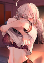  ahoge blush bra breasts character_pin classroom clothes_lift clothes_pull female gomo grey_hair hair_ornament hair_over_one_eye highres large_breasts lingerie long_hair looking_at_viewer mole mole_under_eye navel nijisanji pink_eyes pulling_own_clothes shirt_lift solo sukoya_kana twintails underwear undressing upper_body virtual_youtuber x x_hair_ornament 