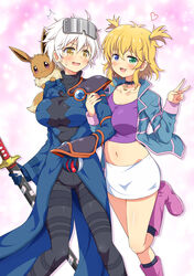  2girls :3 absurdres ahoge black_bodysuit black_socks blonde_hair blue_coat blue_eyes blue_gemstone blue_jacket blush bodysuit boots breasts choker cleavage coat collarbone collared_jumpsuit commission cosplay crescent crossover eevee eevee_ears eevee_tail eggman_(pixiv28975023) embarrassed fluffy forehead_protector gem gloves green_eyes groin hair_between_eyes heart heterochromia highres holding holding_another&#039;s_arm holding_poke_ball holding_sheath holding_sword holding_weapon jacket katana large_breasts long_coat long_sleeves looking_at_viewer midriff miniskirt miyabi_(senran_kagura) multicolored_clothes multicolored_jacket multiple_girls navel ofuda on_shoulder open_mouth pendant_choker pink_background pink_jacket poke_ball poke_ball_(basic) pokemon pokemon_(creature) pokemon_colosseum pokemon_on_shoulder purple_eyes purple_shirt rui_(pokemon) rui_(pokemon)_(cosplay) ryouna_(senran_kagura) scabbard senran_kagura senran_kagura_shinovi_versus sheath sheathed shiny_skin shirt short_hair shoulder_pads sidelocks single_shoulder_pad skeb_commission skirt slit_pupils smile snag_machine socks standing stomach sweatdrop sword thigh_strap tsuba_(guard) tsuka-ito tsuka_(handle) twintails two-tone_jacket v v-shaped_eyebrows weapon wes_(pokemon) wes_(pokemon)_(cosplay) white_hair white_skirt yellow_eyes yuri 