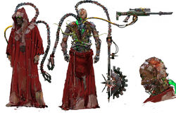  1boy adeptus_mechanicus back_splitting_open commentary concept_art cyborg damaged deep_wound english_commentary extra_arms full_body glowing glowing_eyes green_eyes gun guro highres holding holding_gun holding_staff holding_weapon hood injury male_focus mechanical_arms multiple_views patchwork_clothes phoebe_herring red_hood red_robe robe slime_(substance) staff tan techpriest tendril tendrils_from_back tentacle tube warhammer_40k weapon 