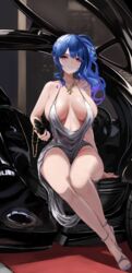  absurdres azur_lane bare_shoulders blue_hair blue_nails breasts car chunchilin dress earrings evening_gown female full_body hair_ornament high_side_ponytail highres jewelry large_breasts motor_vehicle necklace official_alternate_costume parted_lips plunging_neckline purple_eyes sitting solo sports_car st._louis_(azur_lane) st._louis_(luxurious_wheels)_(azur_lane) steering_wheel thighs wavy_hair women&#039;s_wallet 