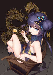  absurdres ass baozi bare_arms bare_legs bare_shoulders black_dress black_gloves black_hair blue_archive breasts butterfly_hair_ornament china_dress chinese_clothes chopsticks crossed_legs double_bun dragon_print dress dumpling female food gloves grey_eyes hair_bun hair_ornament highres holding holding_chopsticks kisaki_(blue_archive) long_hair looking_at_viewer no_halo pelvic_curtain print_dress sleeveless sleeveless_dress small_breasts solo twintails xg_epee 