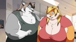  2015 anthro big_breasts blonde_hair blue_eyes bodily_fluids breasts brown_hair canid canine canis clothing digital_media_(artwork) duo female fox fur grey_body grey_fur hair huge_breasts mammal michelle_(xxsparcoxx) multicolored_body multicolored_fur obese obese_anthro obese_female open_mouth orange_body orange_fur overweight overweight_anthro overweight_female shirt sophia_(xxsparcoxx) tears topwear two_tone_body two_tone_fur white_body white_fur wolf xxsparcoxx 