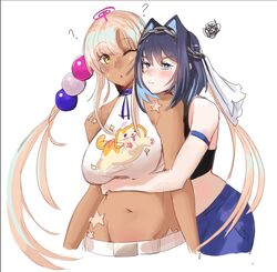  2girls ? alternate_costume blonde_hair blue_eyes blue_hair blush breasts chain_headband chains dark-skinned_female dark_skin english_commentary hair_between_eyes hair_intakes hololive hololive_english hug hug_from_behind large_breasts limiter_(tsukumo_sana) long_hair looking_at_viewer multiple_girls navel one_eye_closed open_mouth ouro_kronii pout sanallite_(tsukumo_sana) short_hair simple_background squiggle surprised tsukumo_sana twintails upper_body virtual_youtuber white_background white_veil yellow_eyes yorobisan yuri 