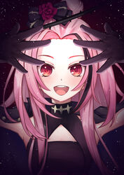  absurdres black_jacket blush bow breasts cleavage daydreamxd english_commentary female flower forehead hair_bun hair_flower hair_ornament hairbow halo hands_up highres jacket long_hair looking_at_viewer multicolored_hair nijisanji nijisanji_en oerba_yun_fang open_mouth pink_hair red_eyes red_flower red_rose rose rosemi_lovelock rosemi_lovelock_(4th_costume) shiny_forehead small_breasts solo streaked_hair thorns virtual_youtuber 