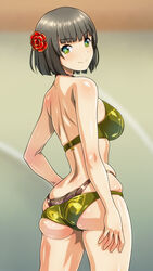  anime_coloring arm_at_side ass atelier_(series) atelier_firis back bare_arms bikini breasts closed_mouth commentary_request cowboy_shot drossel_weissberg female flower green_eyes grey_hair hair_flower hair_ornament hand_on_own_hip large_breasts looking_at_viewer monteriakitto nape red_flower short_hair sideboob smile solo swimsuit thighs yellow_bikini 