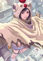  2girls 4boys 5tatsu biggs_(ff7) black_hair brown_eyes building cloak commentary_request cosplay final_fantasy final_fantasy_vii final_fantasy_vii_remake from_above green_sweater highres hood jessie_rasberry looking_at_viewer midriff moogle moogle_(cosplay) multiple_boys multiple_girls orange_footwear outdoors outstretched_arms parted_lips short_hair shorts smile socks standing standing_on_one_leg sweater torn_clothes turtleneck turtleneck_sweater wedge_(ff7) white_shorts white_socks yuffie_kisaragi 