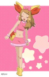  :d blonde_hair blush bracelet breasts closed_eyes cosplay crop_top eyelashes female fennekin fennekin_(cosplay) full_body happy highres jewelry jiffy0v0 long_hair midriff navel official_alternate_costume open_mouth outline pink_background pink_shirt pink_skirt pokemon pokemon_(anime) pokemon_ears pokemon_tail pokemon_xy_(anime) polka_dot polka_dot_background serena_(pokemon) shirt shoes skirt sleeveless sleeveless_shirt smile solo standing star_(symbol) stomach tail tongue yellow_footwear 