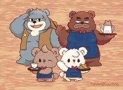  2024 anthro apron bear beverage bow_tie brew_(kumalino) brown_body clothing coffee drip_(kumalino) grey_body group hat headgear headwear kumalino male mammal one_eye_closed roast_(kumalino) sanrio sayolino scar syrup_(kumalino) wink 