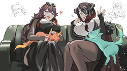  1boy 4girls animal animal_on_lap asymmetrical_horns bare_shoulders black_hair braid breasts chibi chonkers_(takanashi_kiara) colored_inner_hair demon_horns feline highres hololive hololive_english horns koseki_bijou large_breasts long_hair mamarissa mamatori mature_female mole mole_under_eye mother_and_daughter multicolored_hair multiple_girls nerissa_ravencroft on_lap orange_hair pantyhose paparissa red_eyes red_hair set7 smile smoothie_(takanashi_kiara) takanashi_kiara two-tone_hair uneven_horns virtual_youtuber wrinkled_skin 