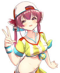  backwards_hat baseball_cap between_breasts breasts cosplay female hair_ribbon hat heterochromia highres hololive houshou_marine large_breasts looking_at_viewer oozora_subaru oozora_subaru_(1st_costume) oozora_subaru_(cosplay) red_eyes red_hair red_hat red_ribbon ribbon shirt smile solo stopwatch stopwatch_around_neck striped_clothes striped_shirt suzushika_(13_96) tied_shirt underboob v vertical-striped_clothes vertical-striped_shirt virtual_youtuber yellow_eyes yellow_shirt 