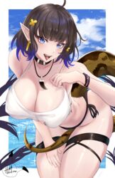  :d absurdres ahoge arknights bare_shoulders bent_over black_choker black_hair black_panties blue_eyes breasts camisole choker cleavage commentary_request cowboy_shot crop_top eunectes_(arknights) eunectes_(forgemaster)_(arknights) female highres hollow_mimikyu large_breasts looking_at_viewer midriff official_alternate_costume panties pointy_ears short_hair side-tie_panties smile snake_tail solo spaghetti_strap standing tail thigh_strap thighs tongue tongue_out underwear 