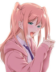  aoki_kanji blazer blush breasts cardigan female hair_between_eyes half-closed_eyes hood hoodie jacket long_hair looking_at_viewer low_twintails naughty_face necktie nemoto_hina open_mouth pink_hair pink_hoodie purple_necktie school_uniform shirt simple_background solo tongue tongue_out twintails two_side_up watashi_ga_motenai_no_wa_dou_kangaetemo_omaera_ga_warui! 