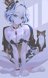  absurdres ahoge alternate_breast_size alternate_costume barefoot bikini black_brooch black_cat black_choker blue_bow blue_eyes blue_hair blue_skirt bow breasts breasts_squeezed_together choker collarbone dot_nose drop-shaped_pupils expressionless feet feline female furina_(genshin_impact) genshin_impact gloves hat highres indian_style indol large_breasts looking_at_viewer medium_hair miniskirt mismatched_pupils muted_color navel pleated_skirt scrunchie sitting skirt swimsuit symbol-shaped_pupils toenails toes top_hat white_background white_gloves white_hair window_shadow wrist_scrunchie 