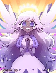  angel angel_wings backlighting colored_skin dress emily_(hazbin_hotel) female fingerless_gloves freckles gloves glowing glowing_halo grey_hair grey_skin halo hazbin_hotel highres long_hair looking_at_viewer menattou multiple_wings purple_eyes smile solo sparkle very_long_hair wings 