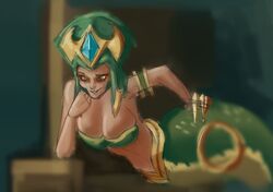  apode big_breasts breasts brown_sclera cassiopeia_(lol) cleavage clothed clothing dddoodles draconcopode female green_body green_clothing green_scales green_topwear hand_on_hip humanoid lamia league_of_legends legless looking_at_viewer pupils reptile riot_games scales scalie serpentine slit_pupils smile snake solo split_form tan_body tan_skin tencent topwear yellow_eyes 