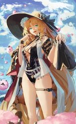  :d absurdres animal_ears arknights bikini black_bikini black_hat black_one-piece_swimsuit blonde_hair blue_sky breasts cloud commentary cowboy_shot drill_hair drill_sidelocks english_commentary female gandy_(gan3e46) green_eyes hand_up hat highres long_hair looking_at_viewer oerba_yun_fang one-piece_swimsuit outdoors sheep side_drill sidelocks sky smile solo sun_hat swimsuit swire_(arknights) swire_the_elegant_wit_(arknights) tail tail_ornament tail_ring thigh_strap tiger_ears tiger_girl tiger_tail very_long_hair 