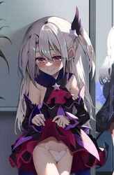  2girls ascot bare_shoulders black_dress blush breasts clothes_lift detached_sleeves dress earrings fate/grand_order fate/kaleid_liner_prisma_illya fate_(series) hair_ornament highres illyasviel_von_einzbern jewelry layered_skirt long_hair looking_at_viewer melusine_(fate) melusine_(swimsuit_ruler)_(fate) melusine_(swimsuit_ruler)_(first_ascension)_(fate) multiple_girls navel one_side_up panties pei_iriya purple_skirt red_eyes red_skirt sidelocks skirt small_breasts smile solo_focus testament_(fate) underwear white_hair white_panties 