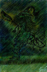  abstract_background accessory anthro burmecian clothing colored_pencil_(artwork) final_fantasy final_fantasy_ix grass hair hat headgear headwear hi_res inspired_by_formal_art janet_k_wallace long_hair male mammal melee_weapon minimal_color painting_(artwork) plant polearm raining rat_tail rodent sir_fratley solo spear square_enix standing tail traditional_media_(artwork) watercolor_(artwork) weapon 