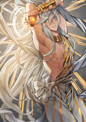  1boy absurdres apple arms_up blue_eyes bow bracer collar cowboy_shot crossed_arms edo-sama food fruit gold_collar golden_apple granblue_fantasy grey_background hagoromo hair_between_eyes helel_ben_sahar_(granblue_fantasy) highres holding holding_food holding_fruit light_particles long_hair looking_at_viewer lucio_(granblue_fantasy) male_focus nipples parted_lips robe shawl smile solo striped_clothes sunburst toga toned toned_male v-shaped_eyebrows very_long_hair white_bow white_hair white_robe white_shawl 