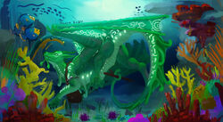  2024 angelfish anthozoan aquatic_dragon black_claws claws cnidarian coral coral_reef dragon echinoderm echinozoan featureless_crotch feral fish green_body green_pawpads green_scales hi_res marine membrane_(anatomy) membranous_wings mythological_creature mythological_scalie mythology pawpads quadruped scales scalie sea_urchin seawing_(wof) signature solo swimming tail tailbutt teavern tropical turtle_(wof) underwater water wings wings_of_fire 