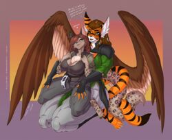  anthro avian big_breasts breasts chest_tuft curvy_figure duo entwined_tails european_mythology eye_scar facial_scar fantasy_clothing felid feline female female/female greek_mythology harpy hi_res hug hugging_another hugging_from_behind hybrid kneeling lynx mammal maolin_(gamal) mask muscular muscular_anthro muscular_female mythological_avian mythological_creature mythology pantherine scar snow_leopard speech_bubble spread_wings tail tail_coil tiger tuft wings wmdiscovery93 yvsolda_(gamal) 