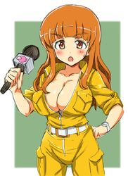  angelfish april_o&#039;neil april_o&#039;neil_(cosplay) blunt_bangs breast_pocket breasts brown_eyes cleavage collarbone cosplay eyebrows_hidden_by_hair female fish girls_und_panzer jumpsuit kin-san_(sasuraiga) large_breasts looking_at_viewer microphone open_jumpsuit orange_hair pocket reporter solo takebe_saori teenage_mutant_ninja_turtles unzipped yellow_jumpsuit 