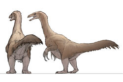  2023 ambiguous_gender animal_genitalia belly big_belly brown_body brown_feathers claws cloaca digital_media_(artwork) dinosaur feathered_dinosaur feathers feral genitals hi_res looking_at_viewer model_sheet open_mouth plantigrade portrait raised_tail rear_view reptile scalie shaded side_view simple_background solo standing tail therizinosaurid therizinosaurus theropod white_background zw3 