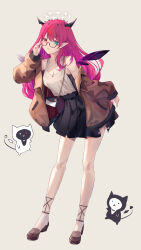  absurdres adjusting_eyewear alternate_costume aqua_eyes bag black-framed_eyewear black_skirt bloom_(irys) breasts brown_jacket brown_shoes chestnut_mouth cleavage contrapposto crystal_wings demon_horns detached_wings dimazu double_halo female full_body gloom_(irys) grey_background halo handbag heterochromia highres hololive horns irys_(hololive) jacket long_hair looking_at_viewer off_shoulder pink_eyes pink_hair pink_nails pleated_skirt pointy_ears semi-rimless_eyewear shirt shirt_tucked_in shoes skirt sleeveless sleeveless_shirt solo standing virtual_youtuber white_shirt wings 