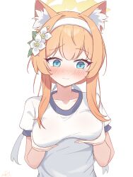  absurdres animal_ears averting_eyes blue_archive blue_eyes blush cat_ears cat_girl closed_mouth embarrassed female flower hair_flower hair_ornament hair_ribbon hairband highres holding_own_breasts long_hair mari_(blue_archive) mari_(track)_(blue_archive) official_alternate_costume orange_hair ribbon sanwenyu_juan_bing shirt short_sleeves solo t-shirt white_flower white_hairband white_ribbon white_shirt 
